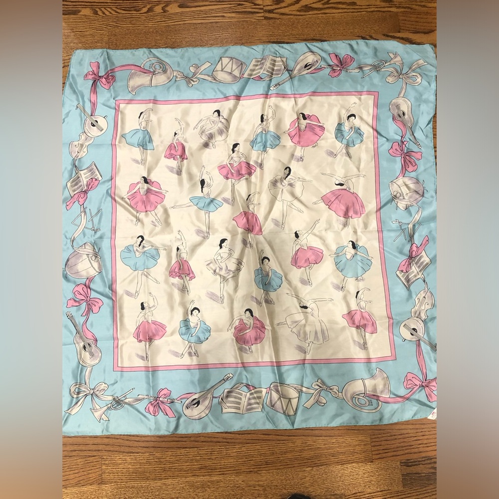 NWT Vintage Accessory Place 100% Silk Scarf Ballerina Ballet Blue Pink Square - Picture 2 of 9